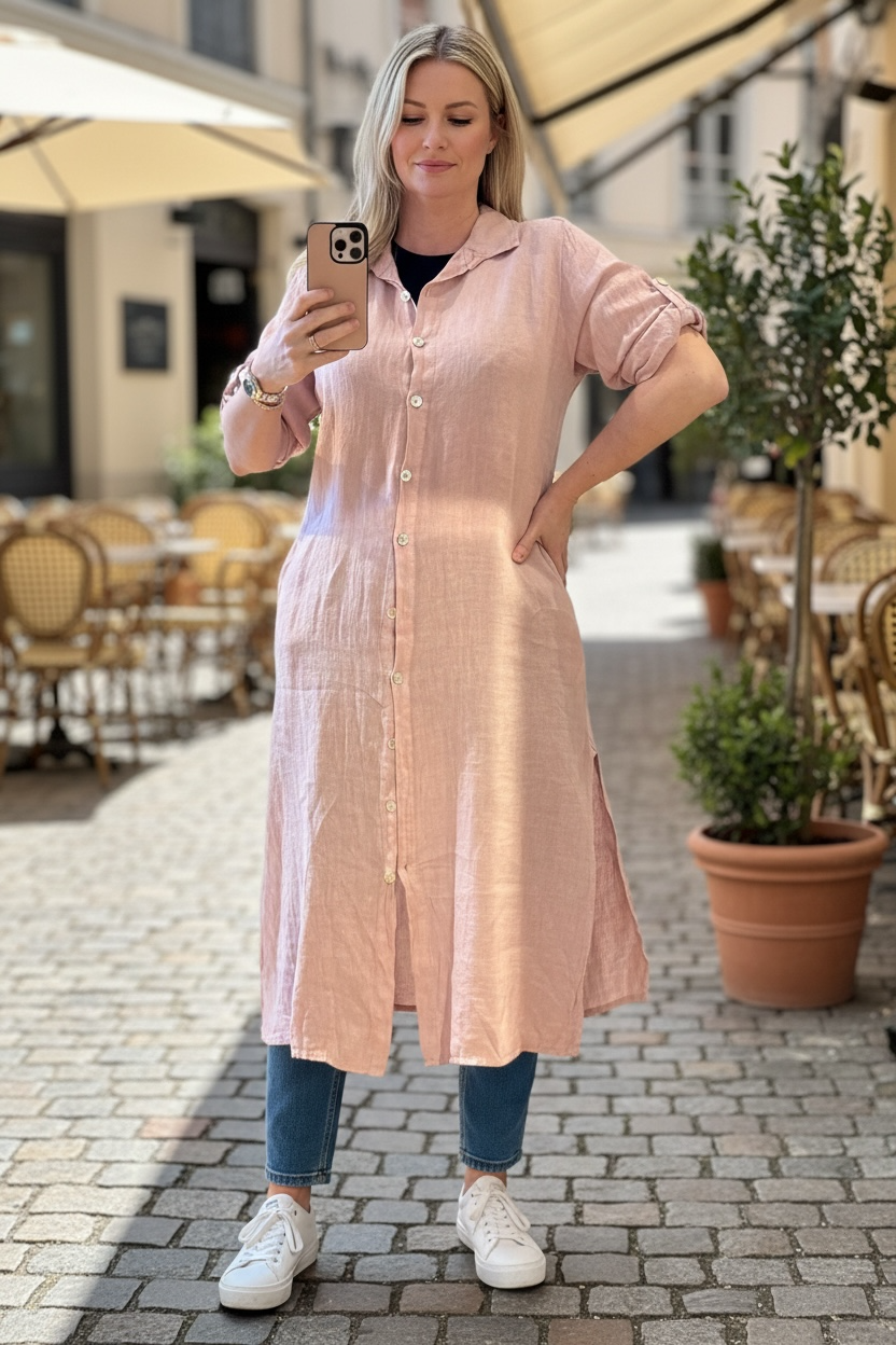 Diza linendress Puder rosa dubbelstorlekar