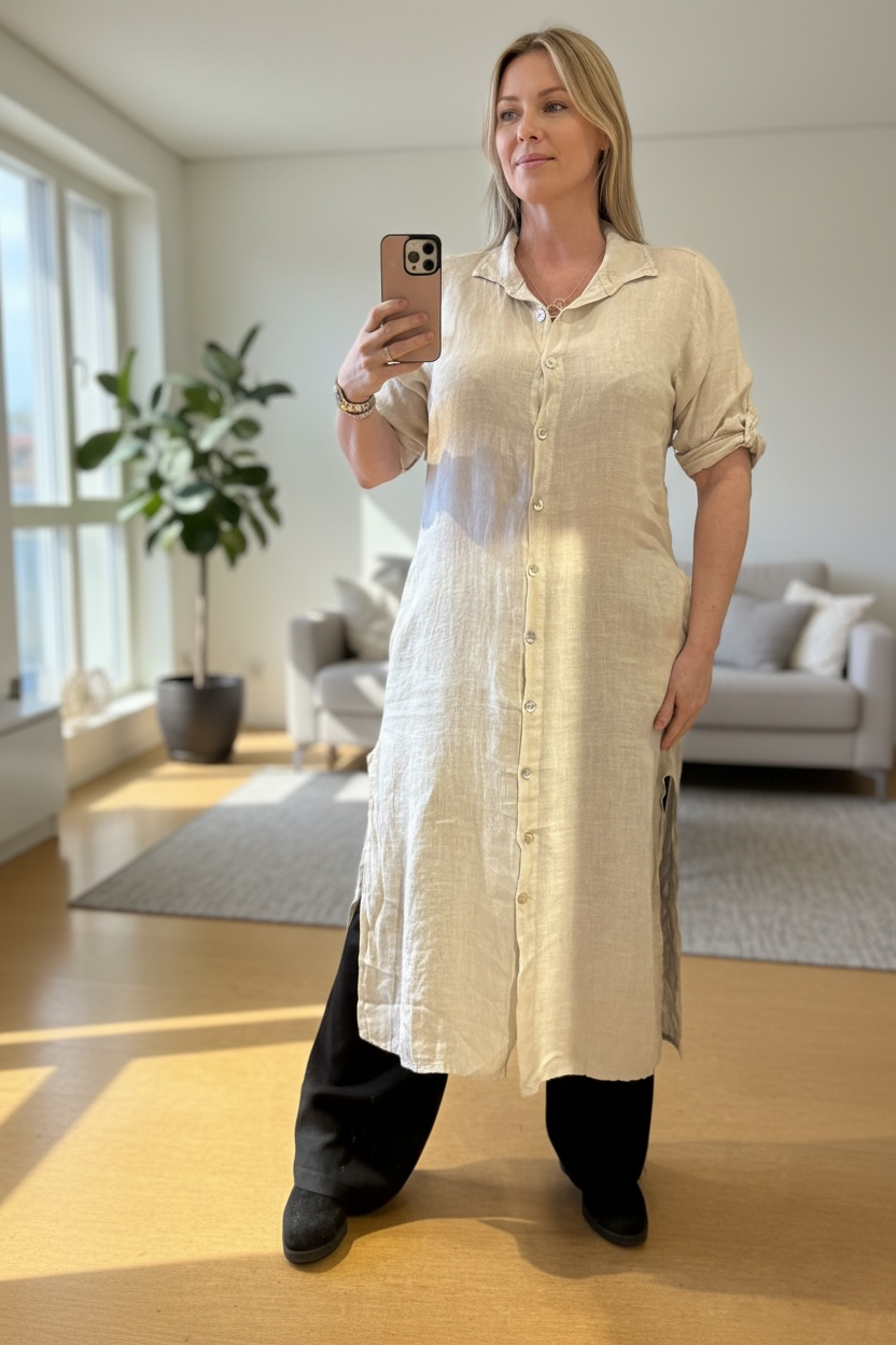 Diza linendress Beige dubbelstorlekar